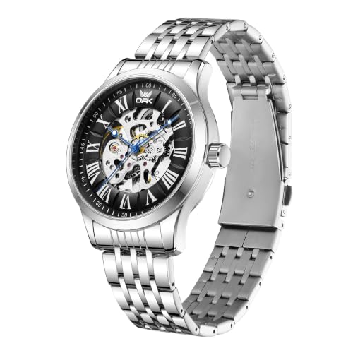 Image of OPK Men's Automatic Mechanical Watch Skeleton Black Dial with Roman Numerals Silver Stainless Steel Bracelet Waterproof Luxury Dress Wristwatch