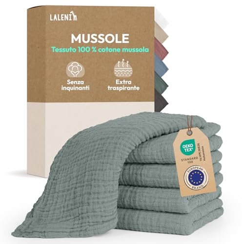 Laleni Mussole Neonato 70x70cm Set da 5 - Asciugamani in Cotone Morbido per Pelli Sensibili - Lavette Extra Assorbenti, Quadrati Verde