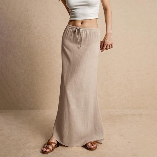 Linen Maxi Skirts for Women 2025 Trendy Elastic Waist A Line Skirt Summer Flowy Long Skirts Boho Beach Cover Up Skirt3