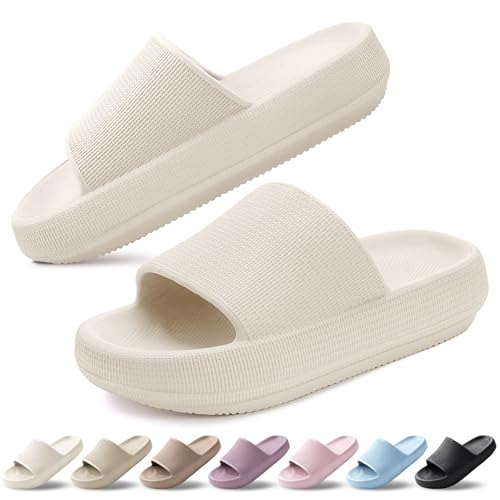 BAXIWUY Zapatillas Mujer Chanclas de Baño para Hombre Verano Super Suaves Chanclas de Casa Piscina Pantuflas Playa Comodas Antideslizante Sandalias Interior Exterior Unisex Beige, 39-40 EU