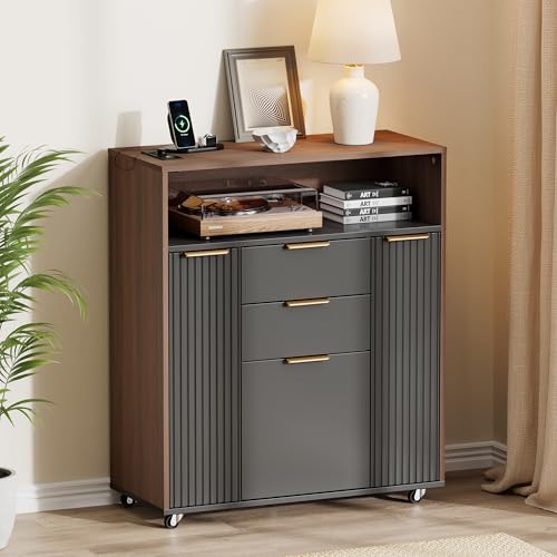 Image of ModernMate Fluted Mobile File Cabinet with Charging Station