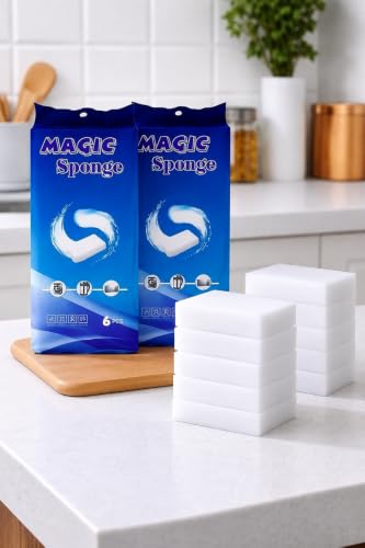 Image of Magic Cleaning Sponge Eraser for Kitchen, Bathroom, Wall & Multi-Surface Cleaning | Stain Remover Sponge | Water Activated Cleaning Pad | Pack of 12