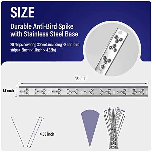 Paulinn Bird Spikes For Pigeons Small Birds: 30 Feet/28 Strips Durable Anti-Bird Nest Fence Spike With Stainless Steel Base For Deterring Birds, Crows, Woodpeckers, Smooth Polishing Harmless #TOP1