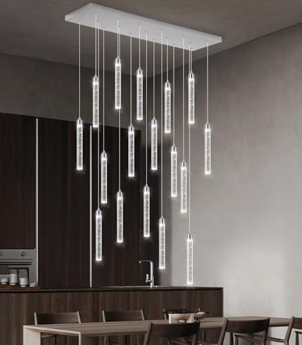 Image of Rectangular Chandeliers 17-Lights Long Light for Entryway LED Dimmable Chandeliers Lighting Fixture Flat Sloped High Ceiling Pendant Lights Crystal for Living Room Foyer Hallway Staircase Silver
