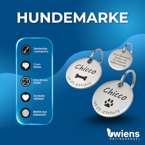 WIENS3D Hundemarke mit Gravur - Personalisiert mit Name - ⌀23mm - Namensschild für Halsband - Dog Tag - Anhänger Marke für Hunde - mit Symbolauswahl - Tiermarke für Hunde, Katzen & Welpen