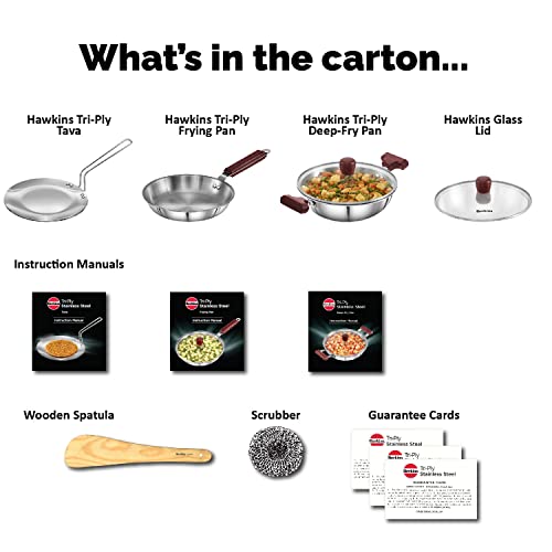 Hawkins Triniti 3 Pieces Triply Stainless Steel Cookware Set 2 - Frying Pan, Tava, Deep-Fry Pan with Glass Lid, Silver (SSET2) - Image 7