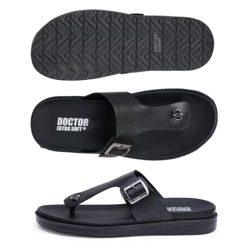 Image of DOCTOR EXTRA SOFT Men's Classic Casual Original Leather Thong Black /Brown Sandals /Chappals with Memory Foam Cushion| Stylish & Non-Slip|Comfortable & Lightweight |Flip flops Slippers Gents & Boys F-3