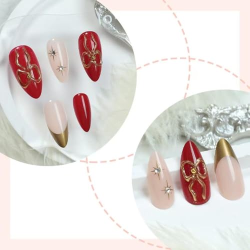 Image of Bow Star Press on Nails Red Fake Nails with Rhinestone Design Gold French Tip Glue on nails Medium Almond False Nails Glossy Artificial Acrylic Full Cover Stick on Nails for Women Manicure 24Pcs