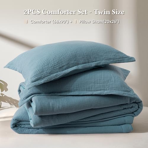 Image of David's Home Cotton Muslin Comforter Set Twin Size, 100% Cotton Cover Ultra-Soft Breathable Skin-Friendly for Spring Summer, 2PCS Linen Like Gauze Bedding Set with Polyester Filling, Prussian Blue