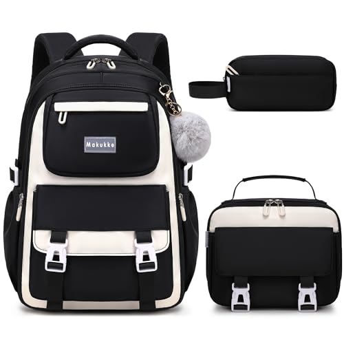 Makukke Schulrucksack Mädchen Teenager Rucksack Schule Schulranzen-Set, Schultasche Jungen Multi-Tasche Wasserdicht Schulranzen School Bag für Mädchen Damen,30L Schwarz Rucksack