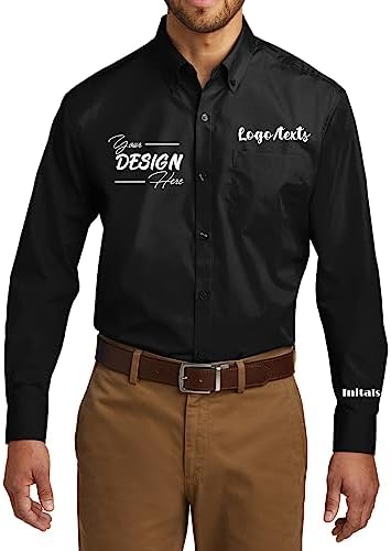 INK STITCH Men W100 Custom Personalized Embroidery Add Logo Texts Easy Care Long Sleeve Dress Buttondown Shirts - Black (L)