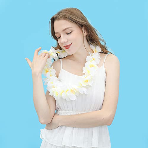 Kosmeey Pack of 16 Hawaiian Leis Necklace Tropical Luau Hawaii Wreaths Silk Flower Lei Thickened Dance Garland Flower Leis for Party Favor Hula Hawaiian Party Supplies (16, White) - Thumbnail 6