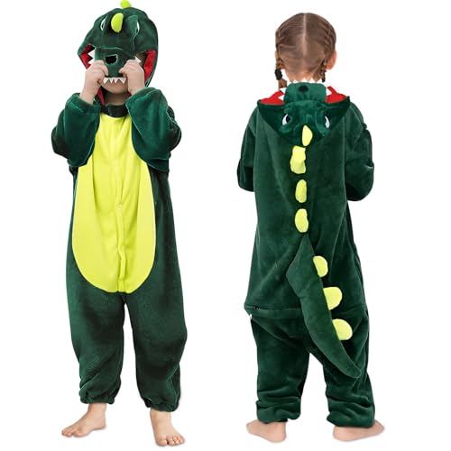 BIQIQI Dinosaur Costume for Kids Animals Jumpsuit Clothing Dinosaur Jumpsuit Green Onesie with Hooded Green Cartoon Siamese Pajamas Children Fancy Dress Costume for Sleepwear Cosplay Party(110)