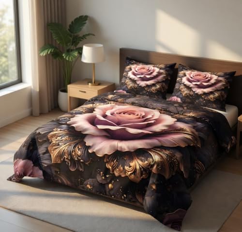 Image of 7D Printed King Size Bedsheet with 2 Pillowcases, Rose, 228 x 228 cm