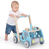 COSTWAY Chariot de Marche Bébé en Bois avec Centre d’Activités et Banc à Outils, Trotteur Bébé avec Vitesse Réglables, 21 Outils, Jouet d'Éveil Montessori pour Fille et Garçon de 3 Ans+