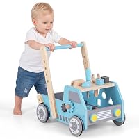GYMAX Wooden Baby Walker, 2-in-1 Toddler Push Along Toy with Adjustable Speed and Bottom Storage, Kids Tool Bench Learning Activity Walker for Boys & Girls (Blue)