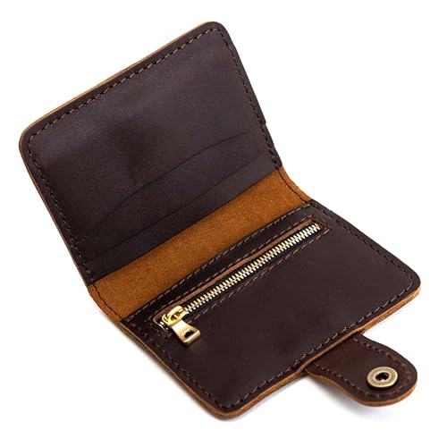 Image of Portland Leather Goods Women's Mini Bifold Wallet - Slim, Palm-Sized Design with Secure Snap Closure, 2 Card Slots, 2 Cash Slots & Zippered Coin Pocket - Grizzly