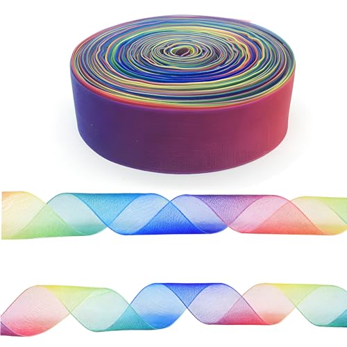 Image of AirSun 50 Yards Rainbow Sheer Organza Chiffon Ribbon, 1 inch Iridescent Curling Ribbon for Gift Wrapping Birthday Christmas Decoration Ribbons for Wrapping