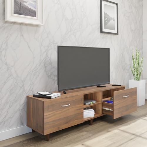 Image of VIKI Modern TV Unit for Living Room | Engineered Wood TV Cabinet with 2 Drawer Storage & Open Shelf, Entertainment Unit for Home, 160W x 48H x 40D cm | DIY | 1 Year Warranty (Walnut)