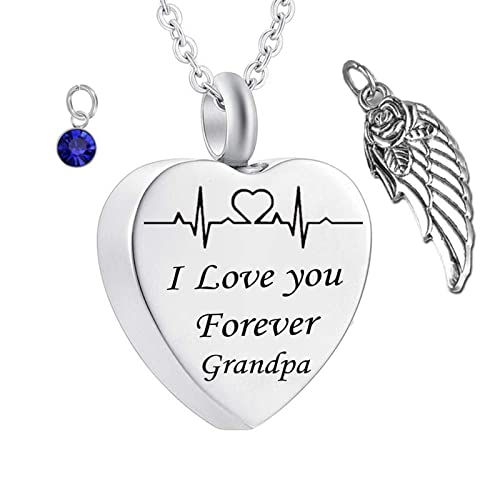 Ashes Keepsake Necklace, Stainless Steel Necklaces Rolo Heart Electrocardiogram Birthstone Wing I Love You Forever Grandpa Cremation Jewelry