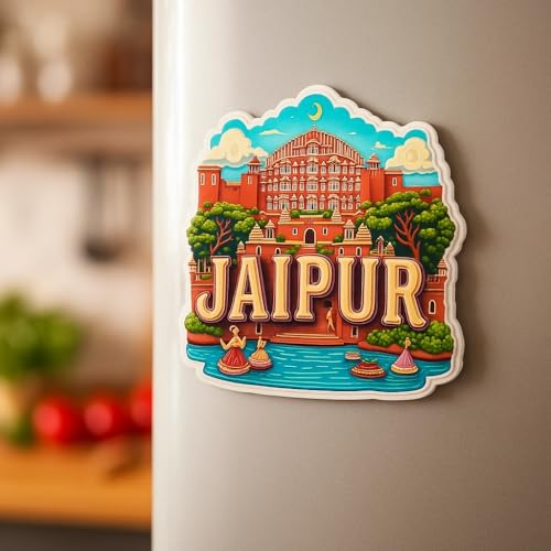 Image of Naxon Jaipur Pink City Theme Souvenir Wooden Fridge Magnet | Hawa Mahal, Amber Fort Rajasthan Design 3x3 Inch Refrigerator Magnet for Kitchen & Home Decor | Travel Gift from Jaipur | Pack of 1