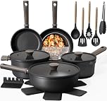 Astercook Non Stick Pots and Pans Set, Healthy Non-Toxic Titanium Induction Kitchen Cookware Sets for Cooking with Frying Pans, PFAS/PTFE/PFOA & PFOS Free, Black, 19 Pcs