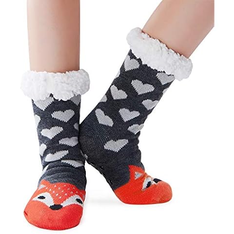 RAISEVERN Kids Slipper Socks Boys Christmas Fox Xmas Bed Sock Fluffy Grey Girls Funny Cute Warm Fleece Cosy Girls Childrens Teen Party Gifts, 3-6 Years Cover