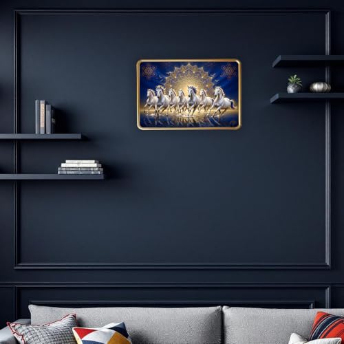 Image of Vastu 7 Seven Running Horse Photo Frame, Golden Slim Frame, Sparkle Coated Lamination, 30x45 cm (Design 9)
