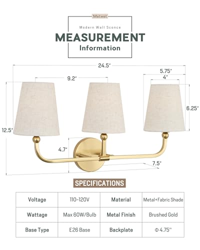 Image of 3-Light Bathroom Light Fixtures, Brushed Gold Vanity Lights with Linen Fabric Shade, Modern Sconces Wall Lighting for Hallway Bedroom, Upward Lighting, VL837-BG-A-3