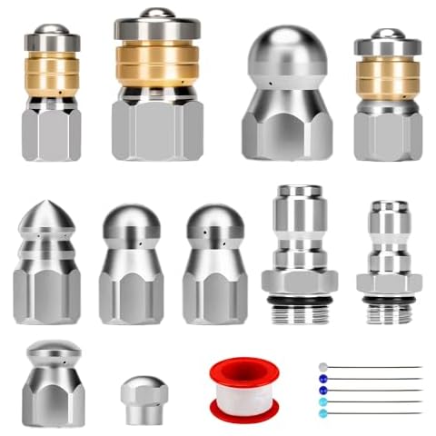 11pcs Sewer Jetter Nozzle Kit Stainless Steel Jetter Heads Kit for Pressure Washer, 1/4" & 3/8" NPT Quick Connectors Drain Cleaning Nozzle Tips with 5 Needles up to 5000 PSI Cover