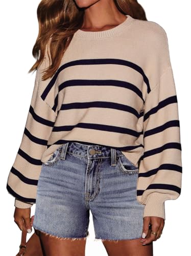 INFITTY Striped Sweater Women Casual Crewneck Long Sleeve Ribbed Knitted Cropped Oversized Top
