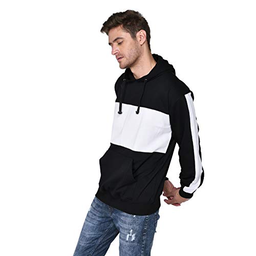 Image of SXV Solid COLOURBLOCKED Striped Sweatshirt Hoodie for Men & Women (Black.White)
