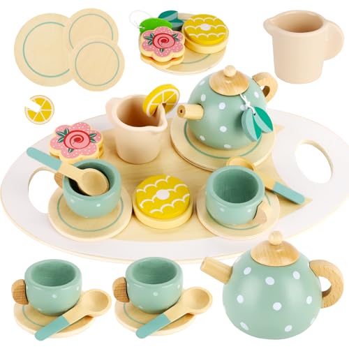 Prmape Teeservice Kinder Holz, Tee Set Holzspielzeug, Kinderküche Zubehör Geschirr, Spielzeug Küchenzubehör Holz, Kinderküche Spielküche Zubehör Rollenspiel Kinder Geschenk für Mädchen Jungen