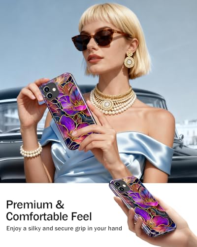 Image of Goodon for iPhone 12 Mini Case Cute - Wireless Charging Compatible - Dual-Layer Hard Shell + Silicone Cover - Protective Phone Case with Trendy Designs for Women - Blooming Purple Flowers