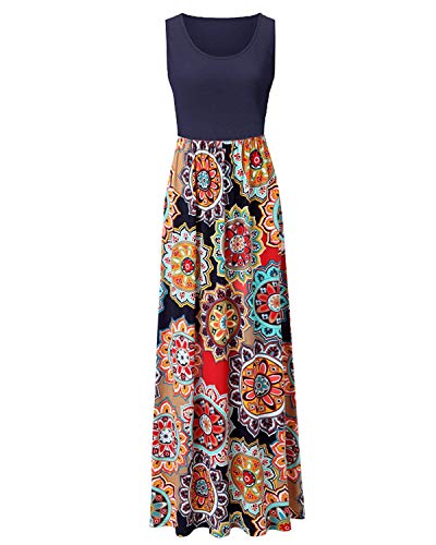 Abravo Mujer Vestido Casual Estampado Floral Bohemia Largo Vestido sin Mangas Verano Maxi Dress Playa,Azul Oscuro,M