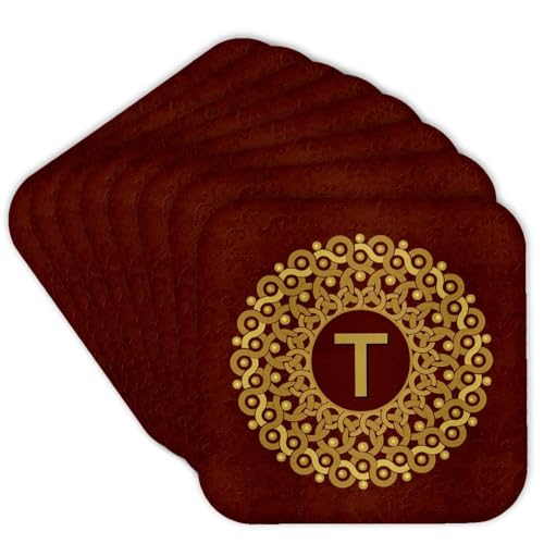 3dRose CST_32276_2 Monogram T Tan and Coffee Mandala on Warm Chocolate Muted Grunge Damask-Soft Coasters, Set of 8