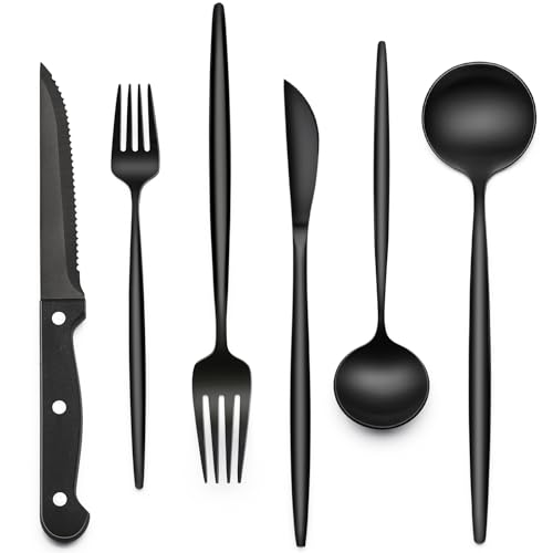 Image of EWFEN 24-Piece Black Silverware Set with Steak Knives, Black Flatware Set for 4, Food-Grade Stainless Steel Tableware Cutlery Set, Mirror Finished Utensil Sets for Home Restaurant, Long Edge