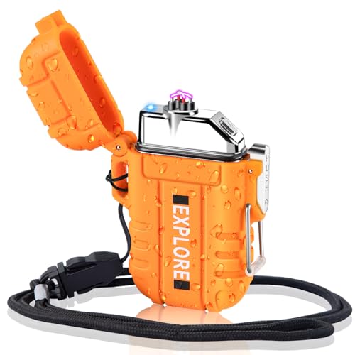 Gifts for Him Men, Electric Plasma Arc Lighter Waterproof and Windproof, USB C Rechargeable Lighter for Men Hiking Camping Adventure Survival & Tactical (Orange)