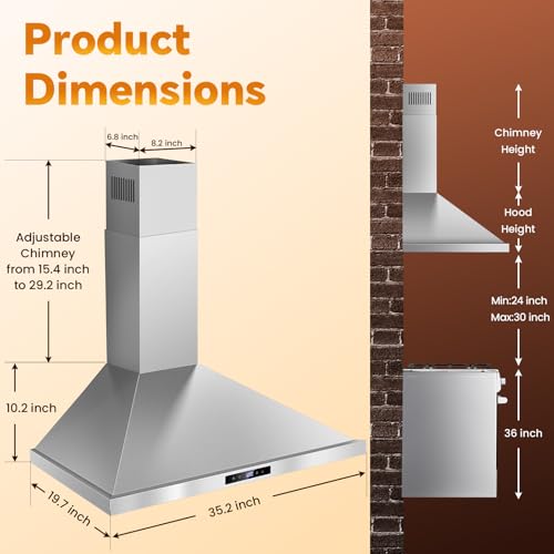Image of Tieasy Range Hood 36 inch Wall Mount Kitchen Hood 700 CFM with Ducted /Ductless Convertible Duct, Touch Control, Permanent Filters, Stainless Steel, 3 Speed Exhaust Fan