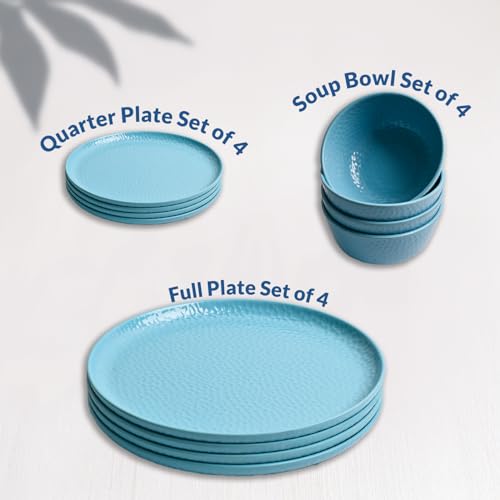 Image of Market99 Heavy-Duty Turquoise Hammered Melamine Dinner Set - 12 Pcs | Includes 4 Dinner Plates, 4 Side Plates & 4 Soup Bowls | Matte Finish Tableware for Daily Use, Kitchen & Dining Decor