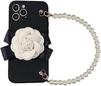 Funda de piel sintética blanca de lujo con lazo de flores de camelia, TPU negro con pulsera y cadena de perlas para iPhone 14 13 12 11 Pro Max (para