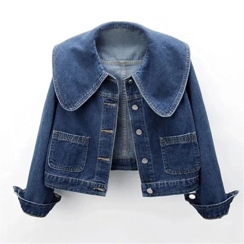 Women Denim Jackets For Sailor Collar Long Sleeve Coats Winter Single Breasted Jean Jacket Blue S2