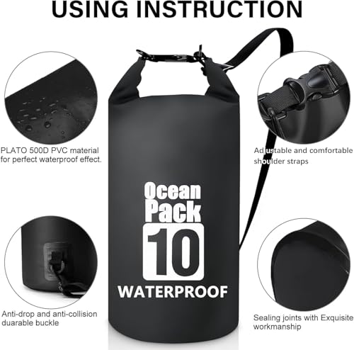 Image of Waterproof Ocean Dry Bag, Roll Top Floating Waterproof Sack for Beach, Swimming, Kayaking, Boating, Fishing, Camping, Hiking & Water Sports (10 Liter)