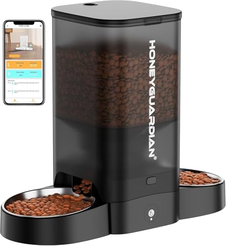 HoneyGuaridan 5L Distributore Automatico Cibo Gatti Adatto a Due Gatti, Dispenser Crocchette Gatto Con 2.4G/5G WiFi, Programmabile 6 Pasti al Giorno, Registrazione Vocale 10s, Doppia Alimentazione