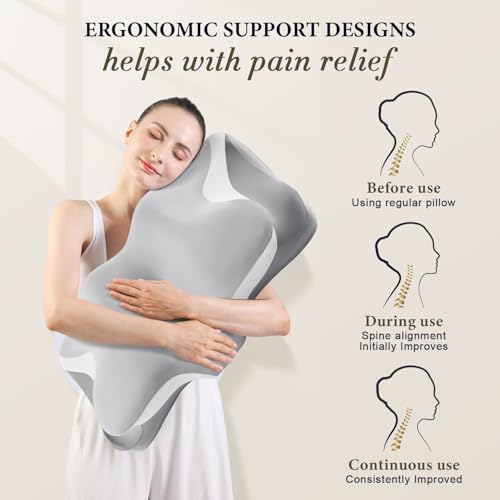 Cervical Neck Pillow for Pain Relief, Cooling Ergonomic Memory Foam Pillows for Sleeping, Contour Neck Support Pillow for Side Back Stomach Sleepers-Queen Size-Grey - image 4