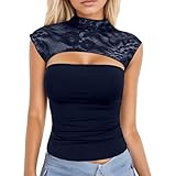 Generisch Trägershirt Damen Locker Sexy Tanktop mit Spitzenbesatz für Damen, Frühling/Sommer, vielseitig tragbar Satin Top (Blue, M)