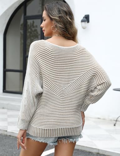 VIMPUNEC Fall Winter Sweaters for Women Knit Striped Batwing Pullover Trendy Oversized Long Sleeve Tops2