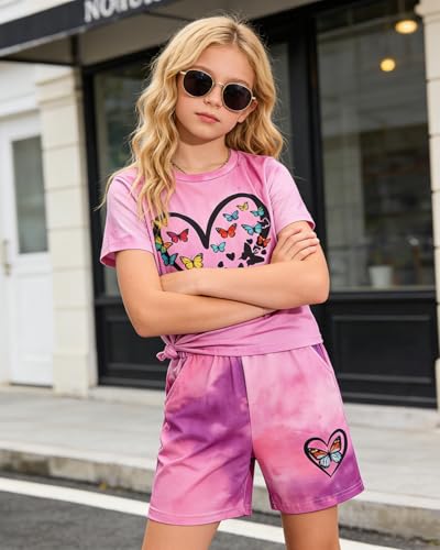 Image of 7-14Y Tween Girl Clothes 2 Piece Short Sleeve Tie Dye Heart Print Top and Shorts Teen Girl Summer Outfits Short Set