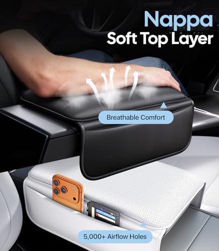 Image of Wigoo Center Console Lid Cover for Tesla Model Y Juniper & Model YL 2025-2026 (Standard, Premium & Performance) and Model 3 Highland 2024-2026, Soft Support Nappa Leather Armrest Protector, White