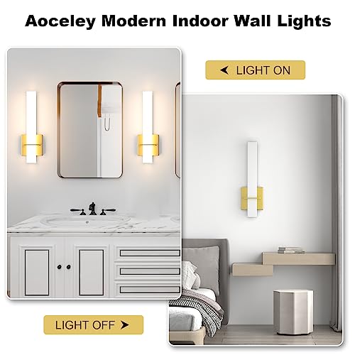 Aoceley 15.7inches Modern Led Wall Sconces,18W 3000K 1200Lumen Bathroom Vanity Wall Lights with White Acrylic Lampshade,Indoor Hardwired Wall Lamp for Bedroom Living Room(Gold,2-Pack) by Aoceley - Used condition - Image 4
